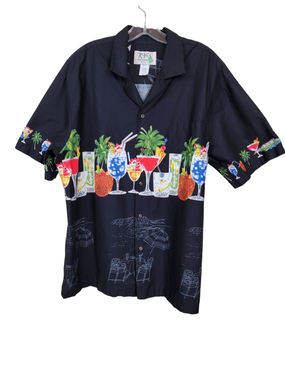 Ky's Men's Hawaiian Cocktail Drinks Button Front Shirt Short Sleeves Black XL